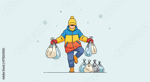 Winter Shopping Adventure: A Whimsical Expedition in Snowy Weather Carrying Several Bags
