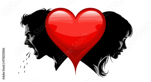 Man yelling and woman crying with a heart between them symbolizing relationship problems and heartbreak