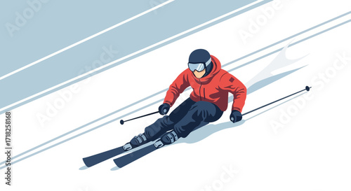 Winter Sports Athlete Skiing Down a Snowy Slope in Red Protective Gear