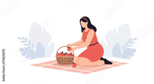 Woman Kneeling With Fruit Basket, Preparing For Leisurely Outing On a Picnic Blanket
