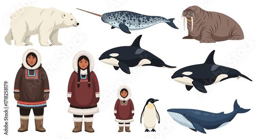 Arctic animals and inuit people illustration featuring various species and traditional clothing