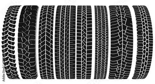 Array of automotive tires featuring various tread patterns in a row against a plain setting
