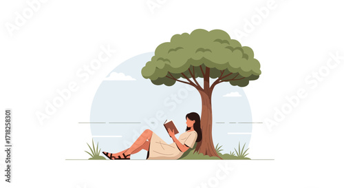 Woman Lounging Under Tree Reading Book On a Sunny Day Enjoying Rest