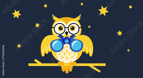 Wise Owl Observes Night Sky, Using Binoculars to Enhance Perception and Search Ability