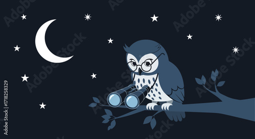Wise Owl Observes Sky Through Binoculars Under Crescent Moon Amongst Starry Night