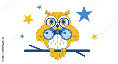 Wise Owl Observing With Binoculars Under The Evening Starry Sky for Illustration