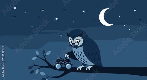 Wise Owl Wearing Glasses Observing With Binoculars Under The Night Sky