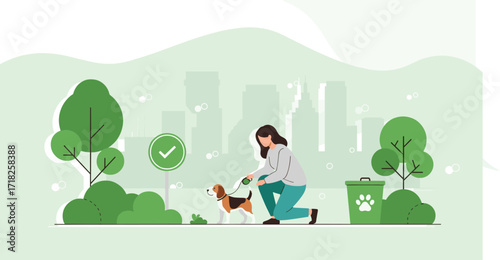 Dog owner cleaning, pet care, responsible behavior, urban park, cartoon illustration, green city, trash bin, vector design, animal hygiene, public space