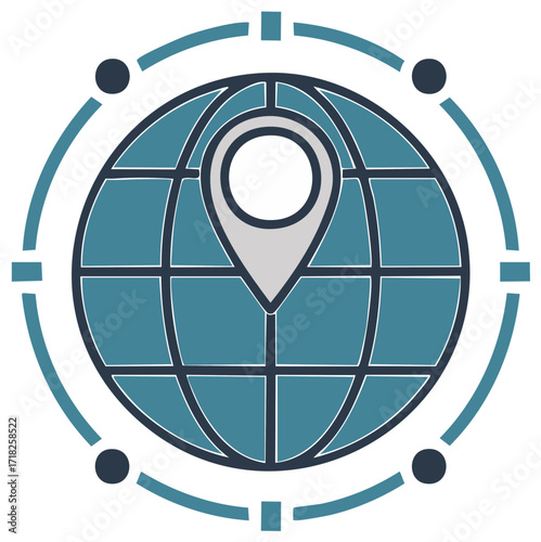 Abstract global map marker icon with orbital navigation points and connection lines