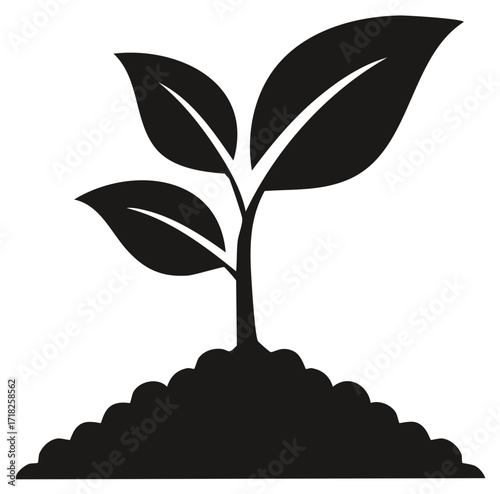 Black and white icon of a young plant sprouting from a mound of soil