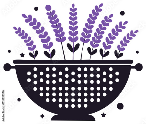 Stylized lavender bouquet in a rustic kitchen colander vector illustration