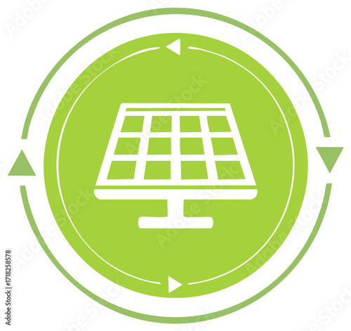 Solar panel with circular arrows representing renewable energy cycle and clean power