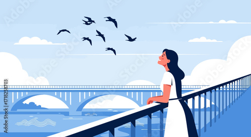 Woman Appreciating Nature's Beauty While Watching Birds Fly During A Sunny Day