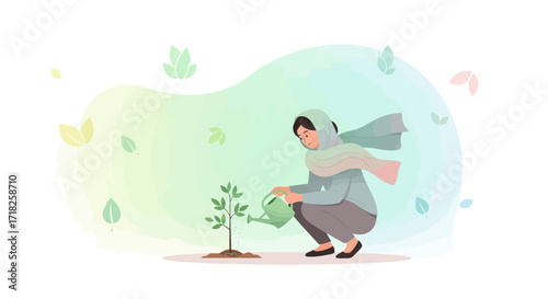 Woman Nurturing A Sapling, Showing Environmental Care And Dedication To Nature's Growth