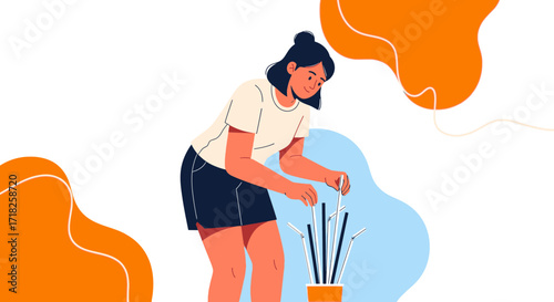 Woman Arranging Beverage Straws In Cup With Creative Modern Minimalist Illustration
