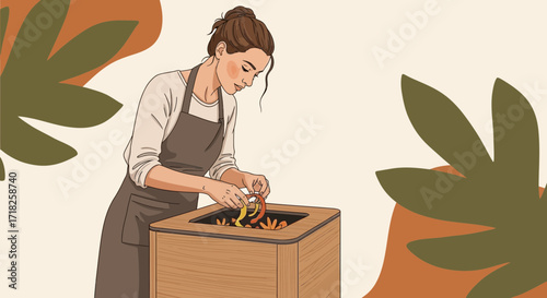 Woman Arranging Colorful Items Above A Wooden Container With Botanical Motifs