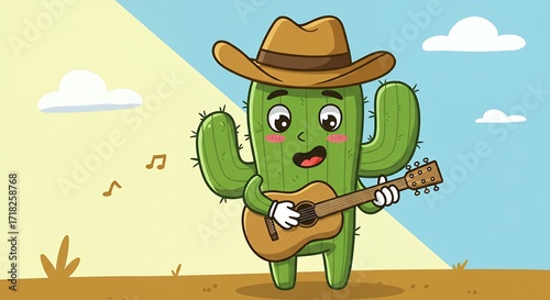 Cactus playing guitar cartoon illustration