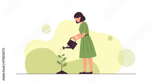 Woman Nurturing Nature, Illustrating Growth, Cultivating New Life and Sustaining a Sapling