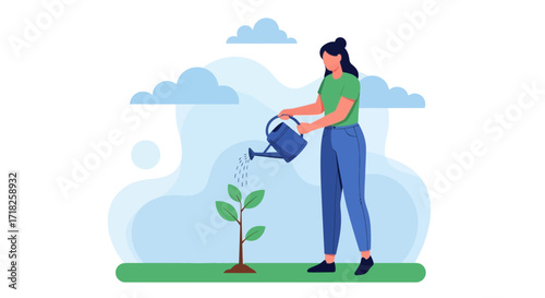 Woman Nurturing Small Tree with Water, Illustrating Growth and Environmental Stewardship Effort