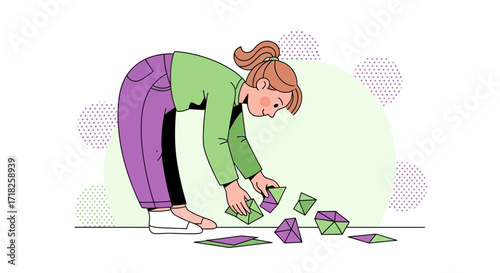Woman Assembling Geometric Shapes Illustration of Vector Graphics and Modern Style