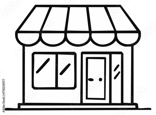 Simple line drawing of a storefront with awning, display window, and double doors