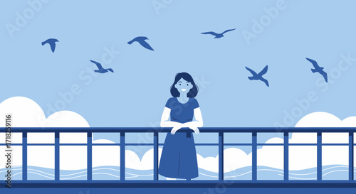 Woman Observes Freedom on Waterfront with Birds, Tranquil Scene in Light Blue Tones