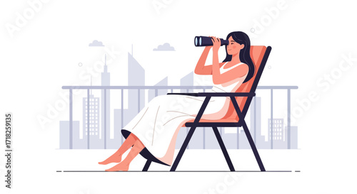 Woman Observes Urban Metropolis From Elevated Perspective With Binoculars During Daylight
