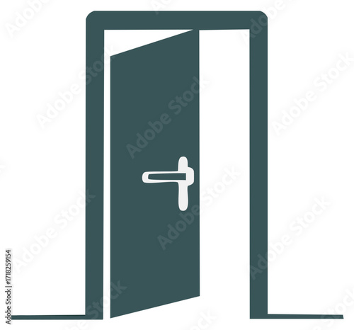 Simple open door graphic in teal color with handle opening to bright light, modern illustration