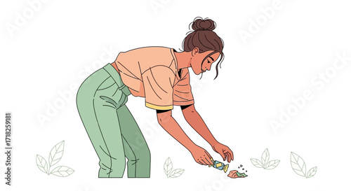 Woman Bending to Pick up Candy on a White And Green Abstract Minimal Background
