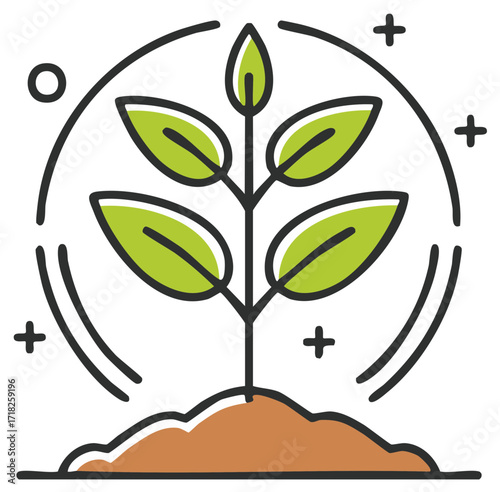 Green sprout rising from soil with circle elements, symbolizing plant growth and environmental sustainability