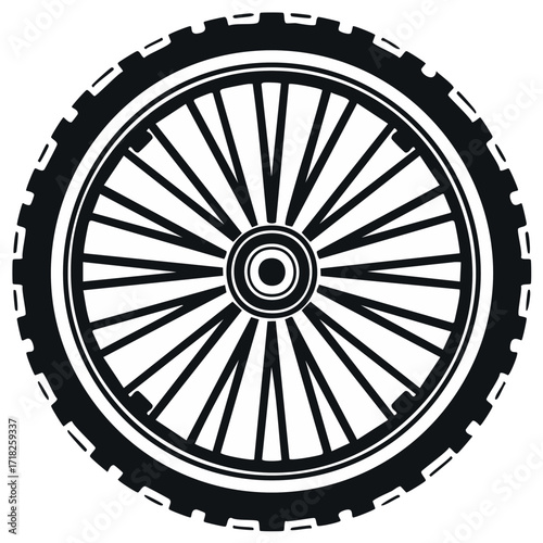 Stylized black and white bicycle wheel with spoked rim and treaded tire vector icon