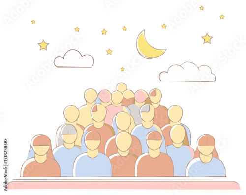 Diverse group of people gathered under a stylized night sky with moon and stars