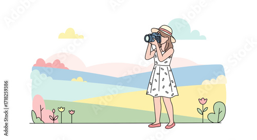 Woman Capturing Picturesque Landscape With Camera Depicting Nature and Photography