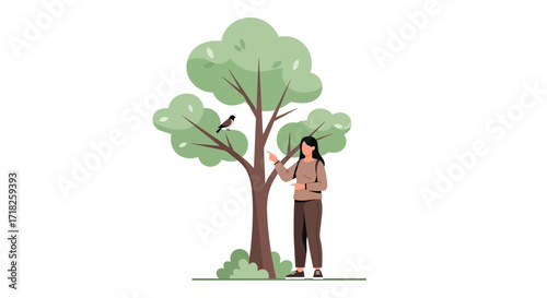 Woman Observing The Bird Perched Among The Branches Of A Tree In The Forest