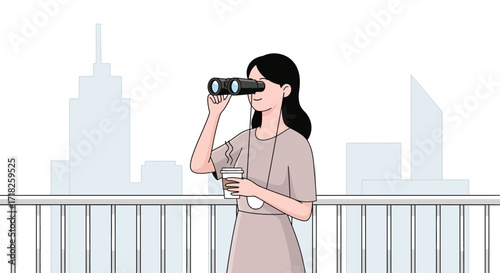 Woman Observing Urban Landscape With Binoculars While Holding A Coffee Cup