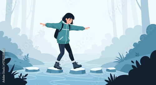 Woman Carefully Traversing River Rocks In Serene Woodland Illustration