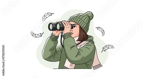Woman Observing With Binoculars, Surrounded by Feathers, Stylish Winter Clothing