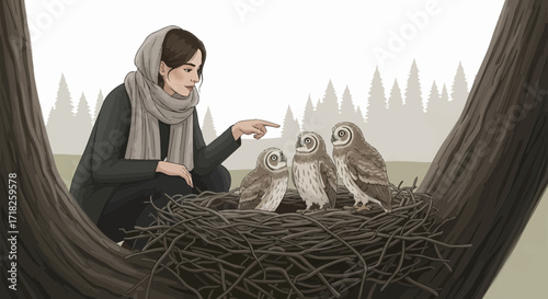 Woman Observing Three Owls Nestled Together In A Tree, Illustration of Nature