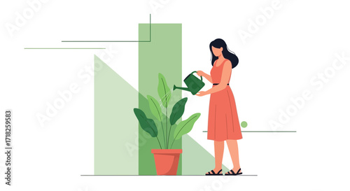 Woman Caring For Plant: Nurturing, Gardening, And Maintaining A Lush Greenery Scene