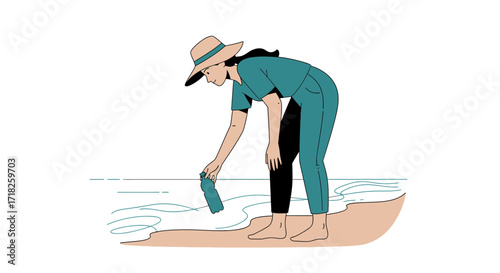 Woman Cleaning Beach, Collecting Plastic Bottle, Demonstrating Environmental Responsibility