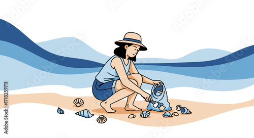 Woman Cleaning A Beach, Collecting Trash in The Name of Coastline Protection