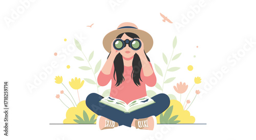 Woman Outdoors With Binoculars Observing Birds, Nature Study, Relaxation, And Fun
