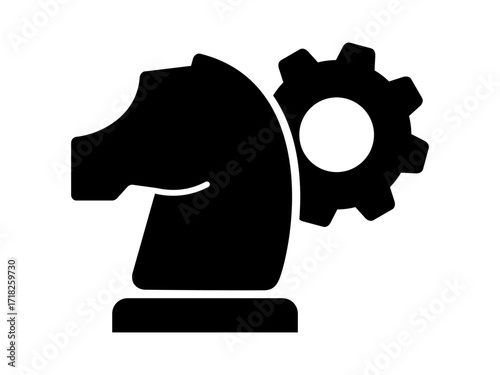 Chess knight and cogwheel line icon. Business strategy concept. Planning, leadership and problem solving. Process optimization, teamwork, workflow and management themes. Vector illustration.