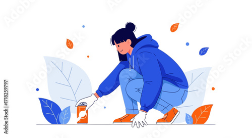 Woman Cleaning The Environment Picking Up Some Trash Illustrated And Vectorial Art