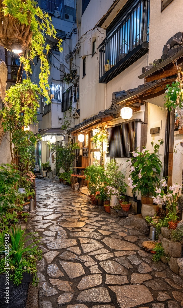 Obraz premium A charming, cobblestone alleyway in a Japanese neighborhood, adorned with lush greenery and warm evening light, showcasing traditional architecture.