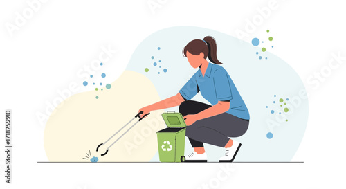 Woman Cleans Environment, Recycling Litter, Demonstrating Environmental Awareness and Civic Duty