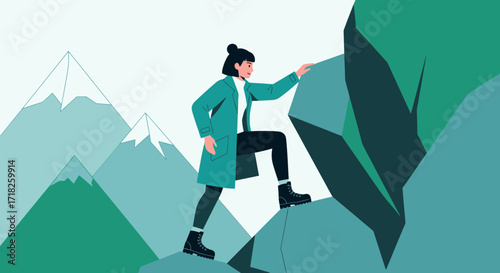 Woman Climbing Rocky Mountain Illustration Representing Ambition And Perseverance
