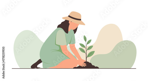 Woman Planting A Sapling Depicting Growth, Sustainability, And Environmental Awareness