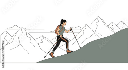 Woman Climbing Mountain Peaks Depicted With Hiking Poles and Backpack On Trekking Expedition