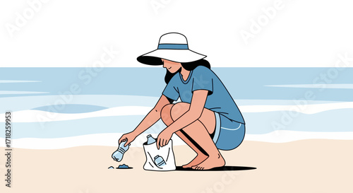 Woman Collected Trash on The Beach, Clean Environment, Conservation, Protecting The Ocean